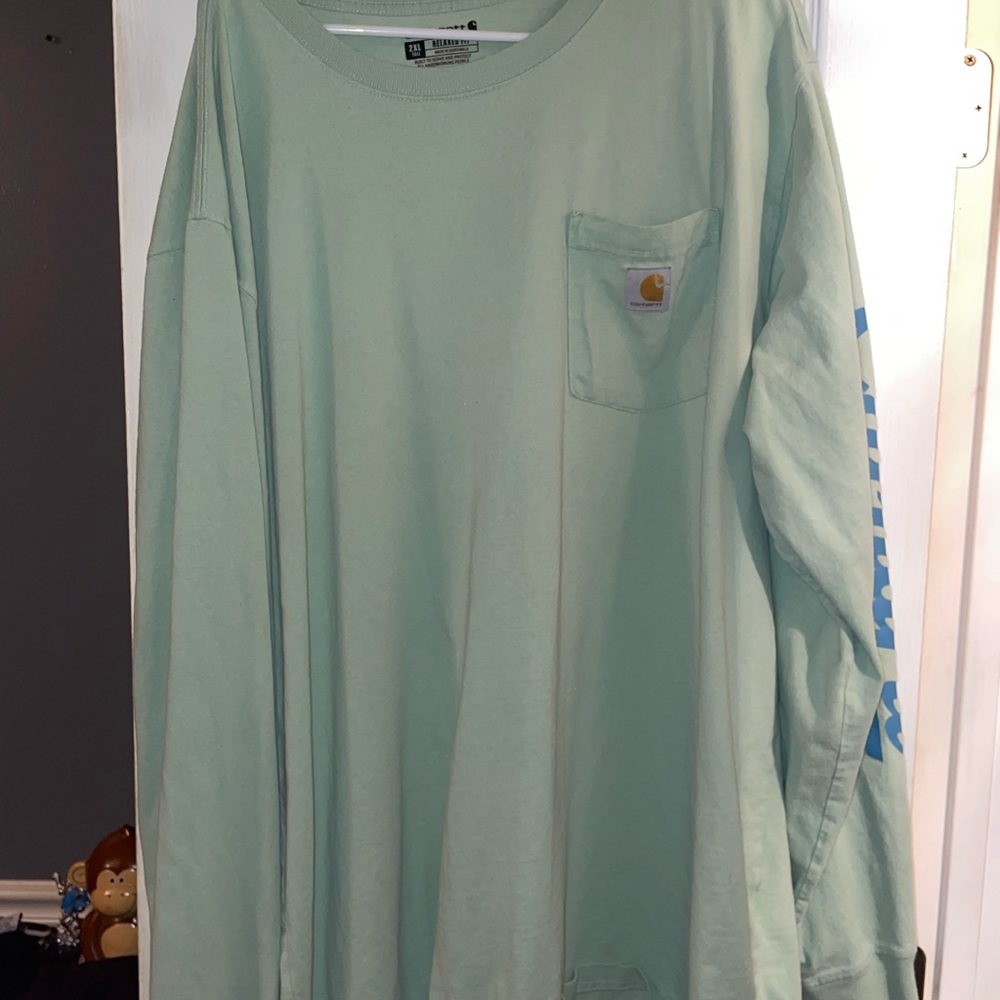 Carhartt Green Long Sleeve Tee Casual Comfort, worn.